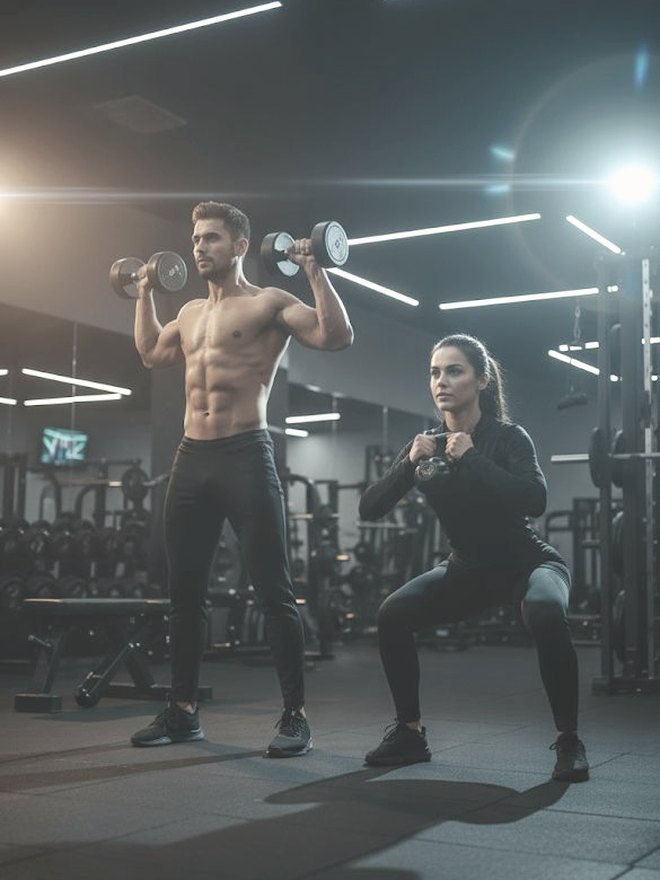 A man and a woman training with dumbbells and a kettlebell in a Dubai gym, building strength and conditioning with SHUYO