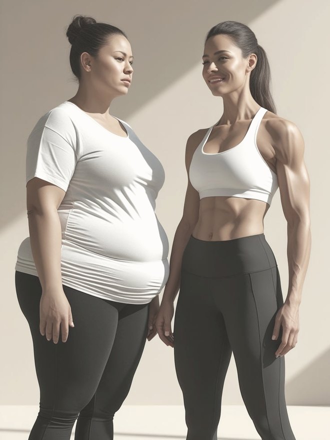 Two women in athletic wear standing together in warm natural light, representing the SHUYO transformation path of weight loss, body composition and habit building in Dubai